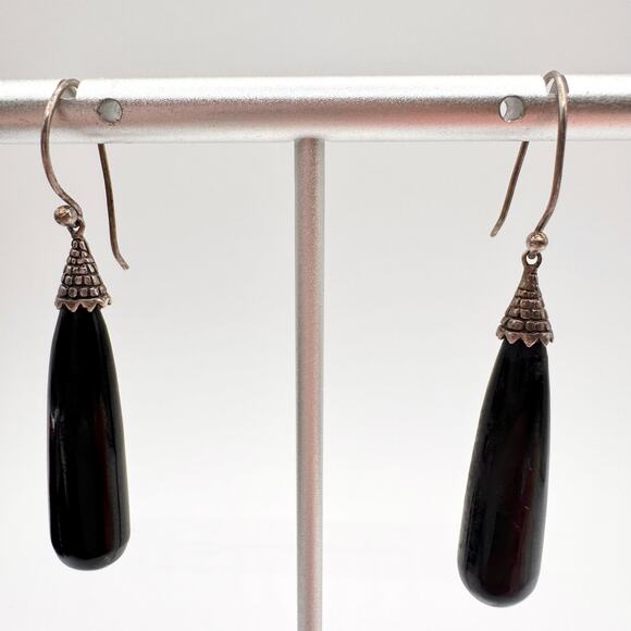 Vintage 925 CFJ THAI Sterling Silver Bali Style Black Dangle Earrings Ethnic - Picture 3 of 13